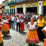 **

A vibrant marketplace scene in a historic Brazilian town, overflowing with tourists taking photos of traditionally dressed dancers. The image should convey a sense of tension between the commercialization of local culture and its authentic preservation. Focus on contrasting the genuine expressions of the dancers with the detached, photo-snapping tourists. Capture the colorful textiles and lively atmosphere, but also hint at the underlying ethical dilemma of cultural commodification.

**