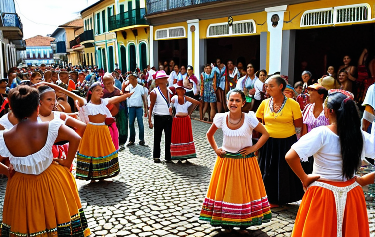 **

A vibrant marketplace scene in a historic Brazilian town, overflowing with tourists taking photos of traditionally dressed dancers. The image should convey a sense of tension between the commercialization of local culture and its authentic preservation. Focus on contrasting the genuine expressions of the dancers with the detached, photo-snapping tourists. Capture the colorful textiles and lively atmosphere, but also hint at the underlying ethical dilemma of cultural commodification.

**