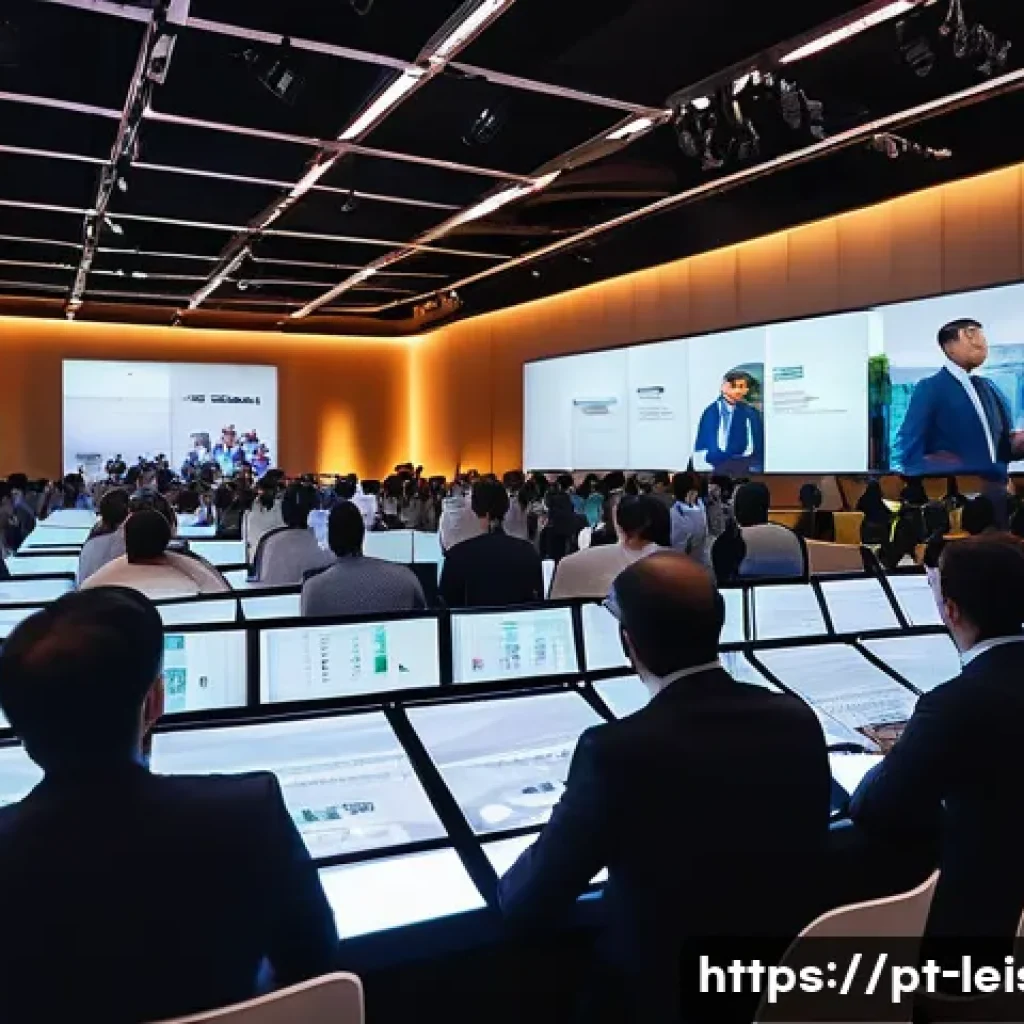 레저산업 실무와 국제 인증 - A dynamic professional event management scene set in a modern conference hall in Brazil, showing a d...
