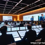 레저산업 실무와 국제 인증 - A dynamic professional event management scene set in a modern conference hall in Brazil, showing a d...