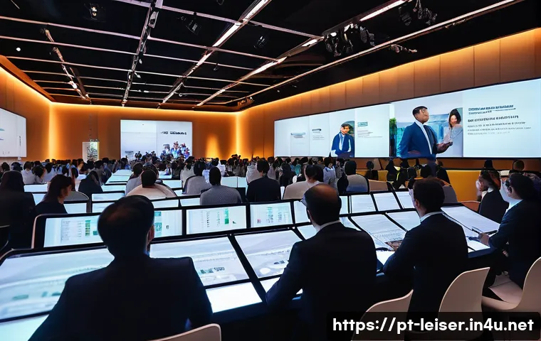 레저산업 실무와 국제 인증 - A dynamic professional event management scene set in a modern conference hall in Brazil, showing a d...