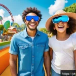 레저산업 실무의 AI 기술 적용 - A vibrant theme park scene in Brazil featuring diverse families enjoying personalized AI-driven expe...