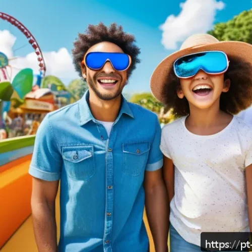 레저산업 실무의 AI 기술 적용 - A vibrant theme park scene in Brazil featuring diverse families enjoying personalized AI-driven expe...