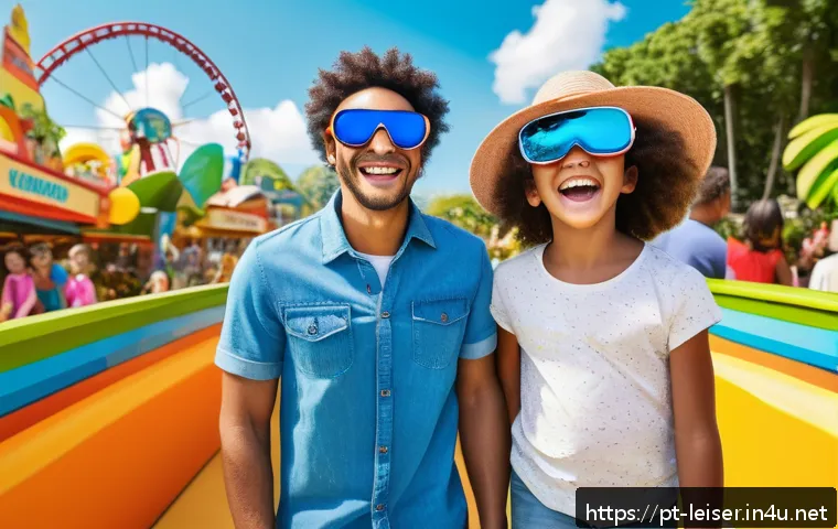 레저산업 실무의 AI 기술 적용 - A vibrant theme park scene in Brazil featuring diverse families enjoying personalized AI-driven expe...