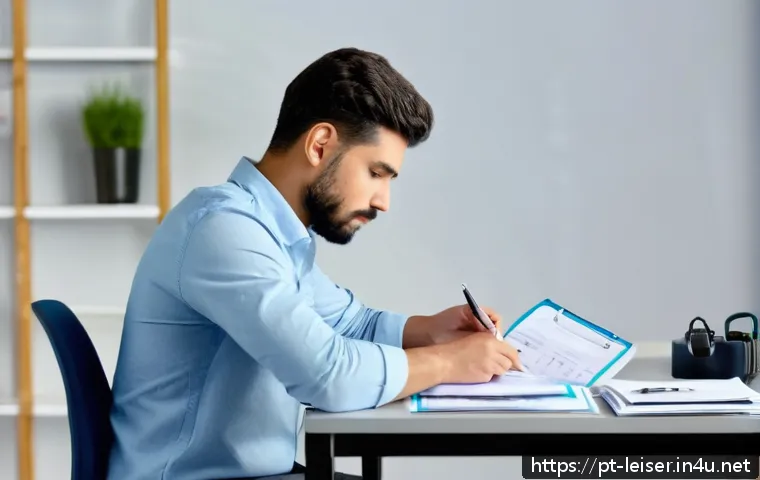 레저산업기사 실기 시험 준비 팁 - A focused young adult male instructor in casual professional attire organizing recreational material...