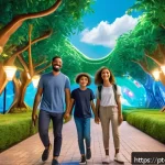 레저산업기사와 트렌드 변화 - A vibrant, futuristic theme park scene in Brazil featuring a family enjoying augmented reality adven...
