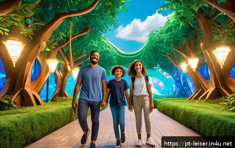 레저산업기사와 트렌드 변화 - A vibrant, futuristic theme park scene in Brazil featuring a family enjoying augmented reality adven...