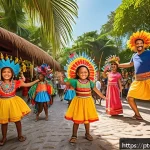레저산업 실무의 스토리텔링 기법 - A vibrant Brazilian theme park scene during a sunny day, featuring diverse families and groups of fr...