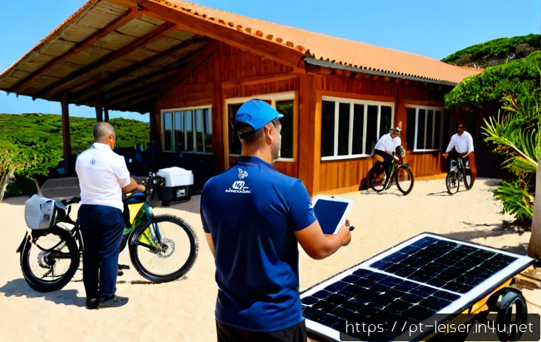 Home 17 레저산업 실무와 지속 가능한 발전 - Photorealistic sustainable leisure industry operations scene at a sunny Portuguese coastal eco-resor...